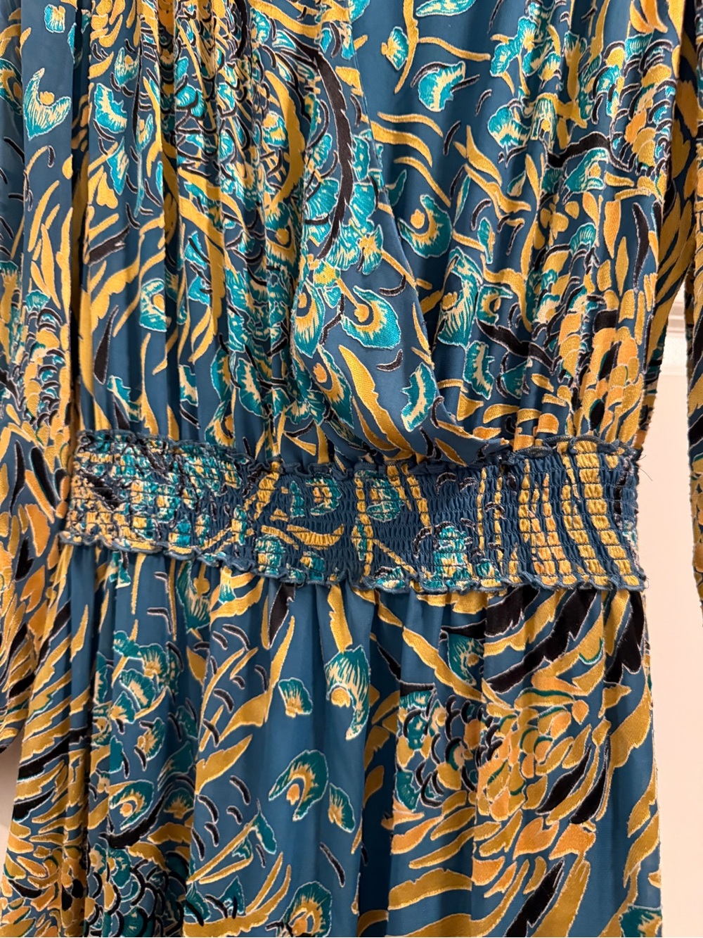 White House Black Market Teal and Gold Long Sleeve Midi Dress - Picture 8 of 14
